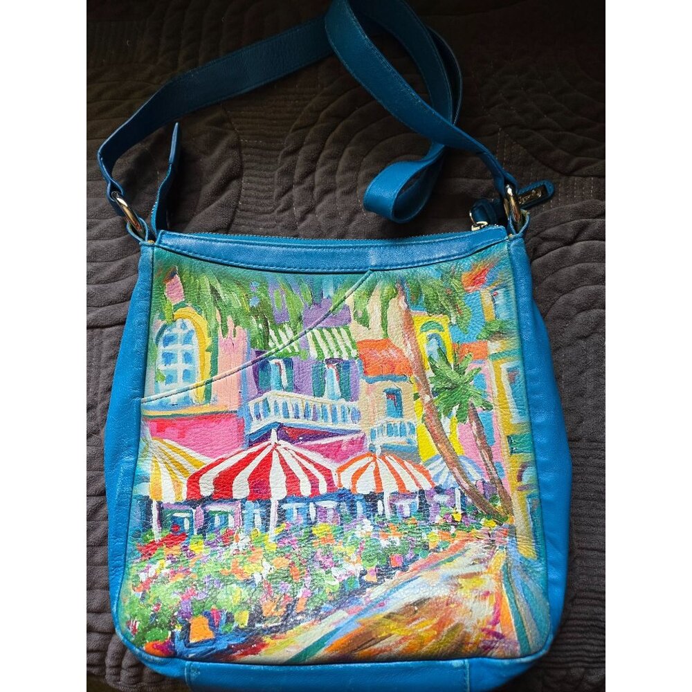 Jeon Genuine Leather Hand Painted Tropical Street  Scene Crossbody EUC